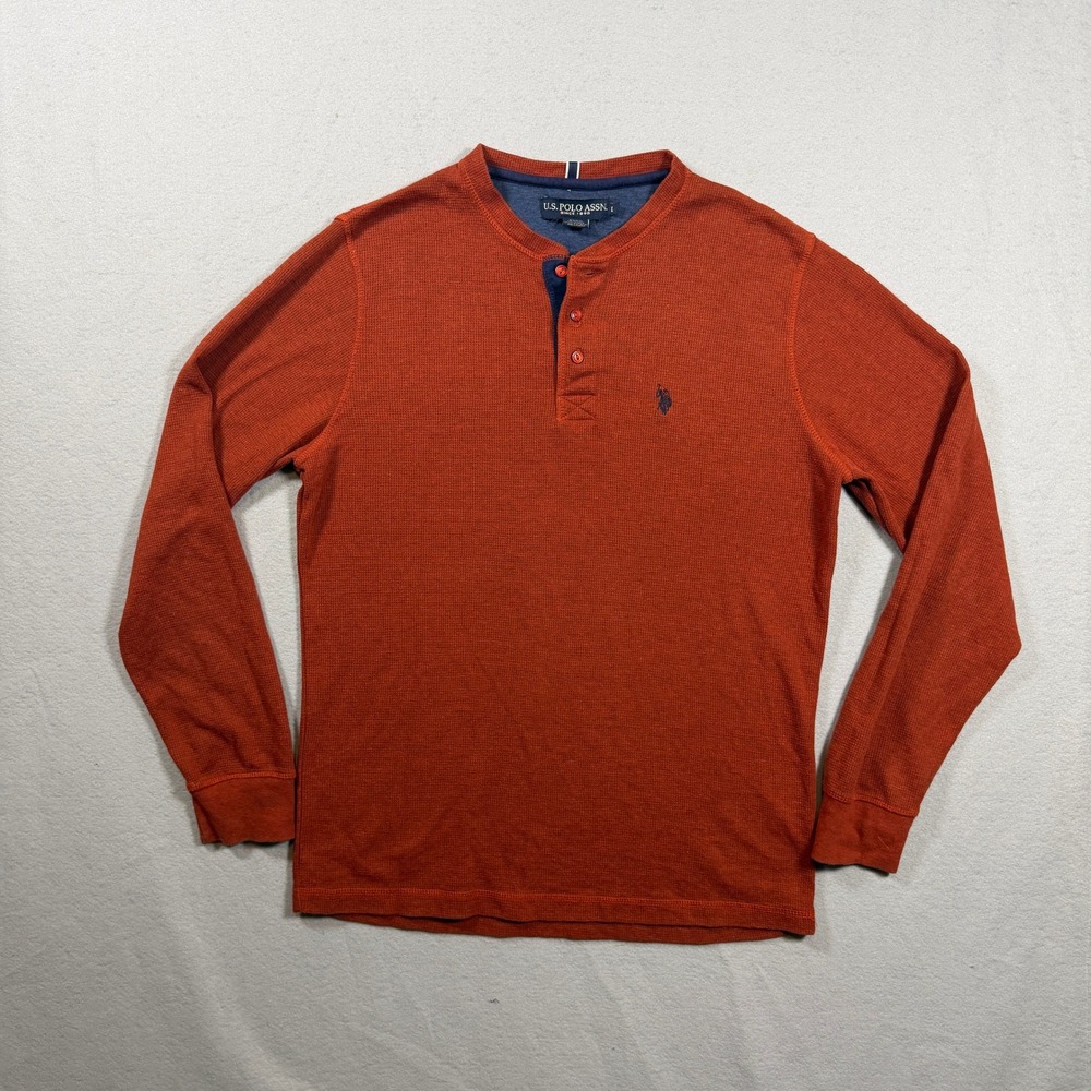 US Polo Assn Mens Waffle Knit Henley Shirt Large Orange Thermal Long Sleeve